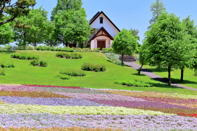 小さな教会と美しい花畑